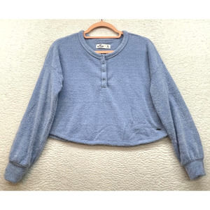 Hollister Sweater Womens XS Blue Soft Knit Fuzzy Henley Cabincore Minimalist